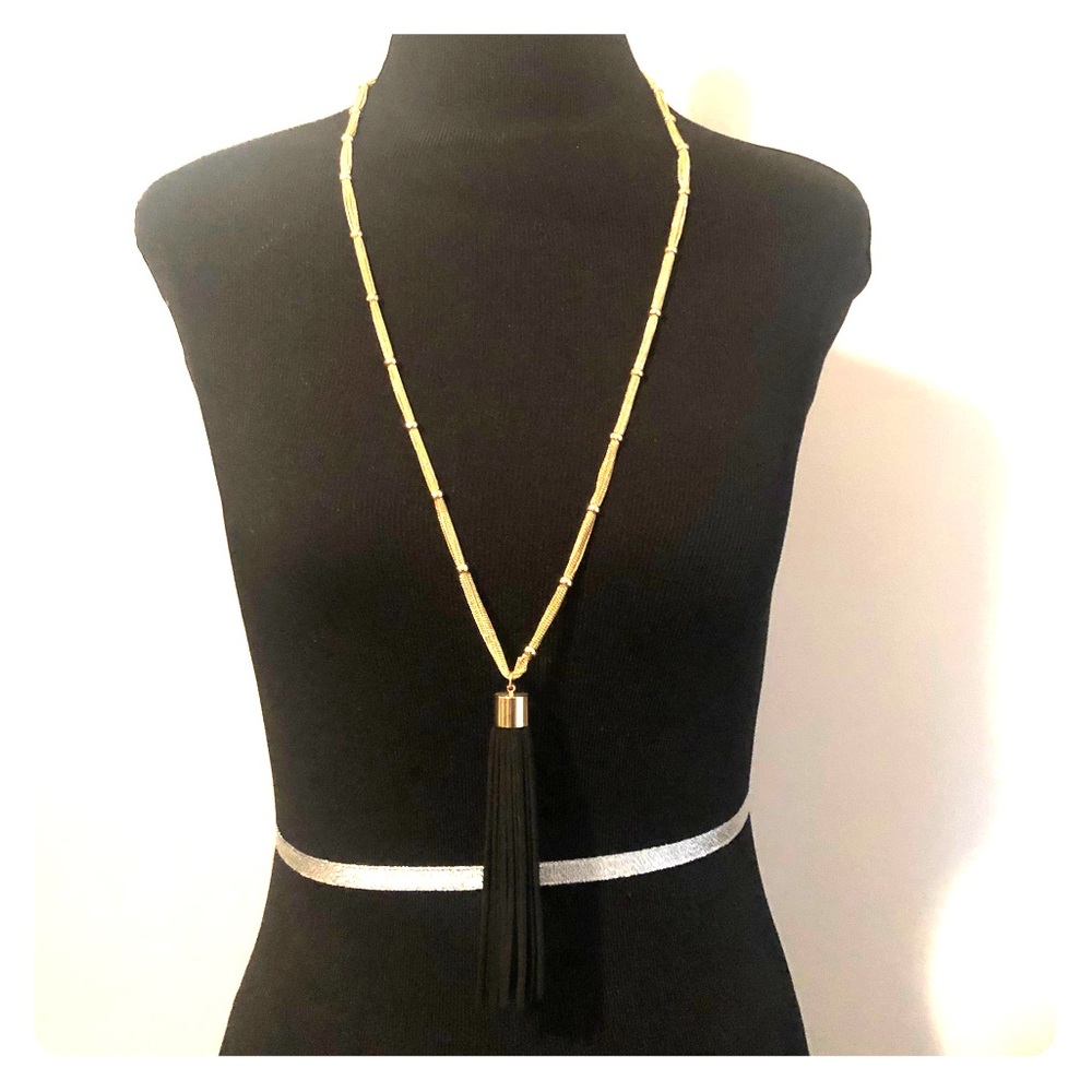 Black and gold tassel necklace- costume jewelry